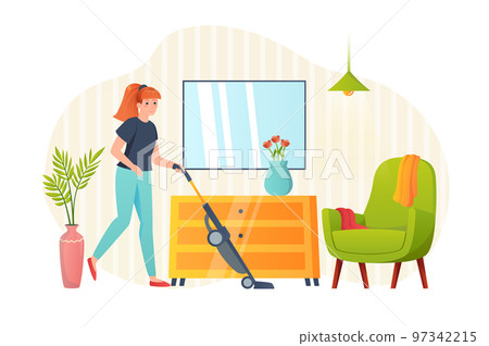Woman cleaning at home flat concept people scene. Young girl vacuums floor in room, cleanup apartment and performs daily household chores and housework. Vector illustration for web banner design 97342215