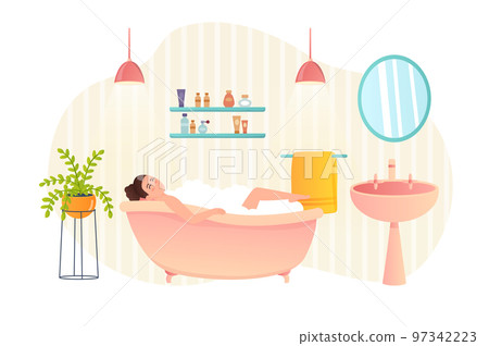 Woman relaxing in bath at spa salon flat concept people scene. Happy client lies bubble bath and young girl enjoys body treatment, washing at bathroom. Vector illustration for web banner design 97342223