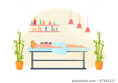 Woman getting massage in spa salon flat concept people scene. Happy client lies on couch under towel and young girl enjoys hot stone and body treatment. Vector illustration for web banner design Woman getting massage in spa salon flat concept people scene. Happy client lies on couch under towel and young girl enjoys hot stone and body treatment. Vector illustration for web banner design 97342227
