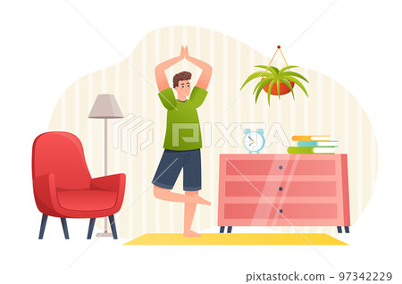 Man doing yoga training at home flat concept people scene. Young guy stands in tree pose, performs yoga asanas and does morning exercises. Healthy lifestyle. Vector illustration for web banner design Man doing yoga training at home flat concept people scene. Young guy stands in tree pose, performs yoga asanas and does morning exercises. Healthy lifestyle. Vector illustration for web banner design 97342229