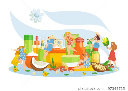 Organic natural cosmetic, vector illustration. Person character care about skin beauty with cosmetology product flat cream. Organic natural cosmetic, vector illustration. Person character care about skin beauty with cosmetology product flat cream. 97342715