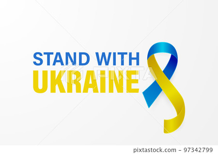 Stand with Ukraine. Anti War Call with the Smbol of Peace with Blue and Yellow Silk Ribbon. Ukranian Flag Colors. Struggle, Protest, Support Ukraine, Slogan. Vector Illustration 97342799