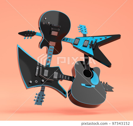 Set of electric acoustic guitars isolated on coral background. 97343152