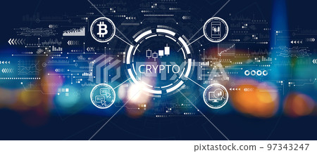 Crypto Trading theme with blurred city at night 97343247