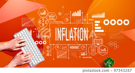 Inflation theme with person using computer keyboard Inflation theme with person using computer keyboard 97343287
