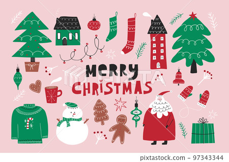 Cozy winter holiday set of Christmas design elements. Cute hygge wearing, Santa Claus, gifts, tree and gingerbread bundle. Cozy winter holiday set of Christmas design elements. Cute hygge wearing, Santa Claus, gifts, tree and gingerbread bundle. 97343344