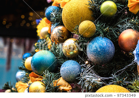 Christmas tree with blue and yellow decorations Ukraine flag 97343349