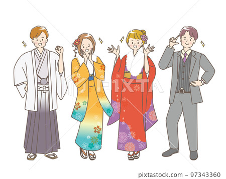 Illustration set material of hanging scroll and men and women in fine clothes 97343360
