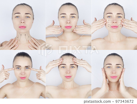 Girl shows massage lines on her face. Model runs her hands over her face, performing a rejuvenating massage procedure. Instructions on how to carry out the procedure are drawn with arrows. Cosmetology 97343672