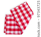 Red checkered kitchen table towel isolated on white. Folded picnic tablecloth 97343725