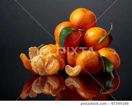 Tangerines or clementines with green leaves on a black background. 97344166