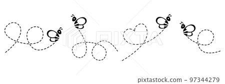 Bees flying on line dotted route set. Bee flight path collection. 97344279
