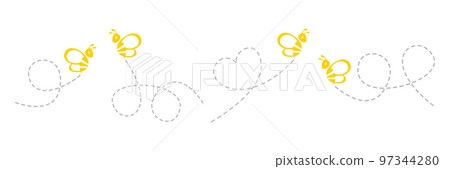 Bees flying on line dotted route set. Bee flight path collection. 97344280