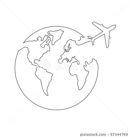 World map with flying airplane one line art. World map with flying airplane one line art. 97344769