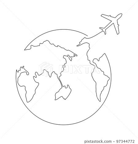 World map with flying airplane one line art. World map with flying airplane one line art. 97344772