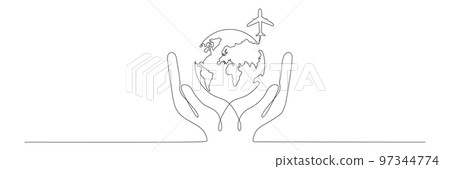 Human hands holding Earth globe with flying airplane continuous line art drawing Human hands holding Earth globe with flying airplane continuous line art drawing 97344774