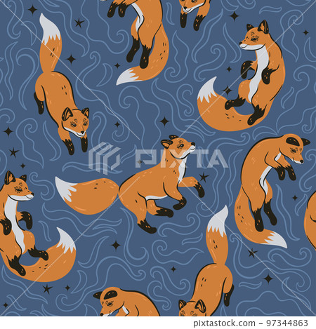 Seamless pattern with cute foxes. Vector graphics. 97344863