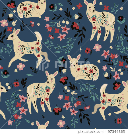 Seamless pattern with deers and flowers. Vector graphics. 97344865