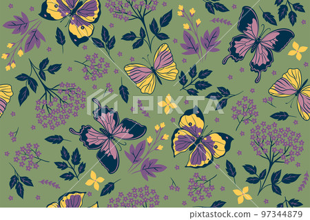 Seamless pattern with butterflies and flowers. Vector graphics. 97344879