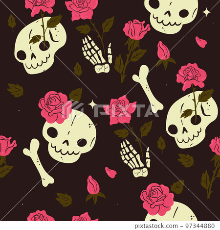 Seamless pattern with bones and roses. Vector graphics. 97344880