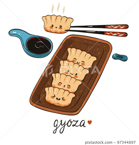 Kawaii gyoza in wooden plate isolated on white background. Vector graphics. Kawaii gyoza in wooden plate isolated on white background. Vector graphics. 97344897