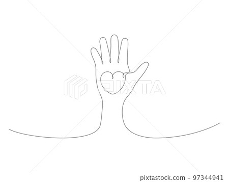 Hand holding heart continuous one line drawing. 97344941