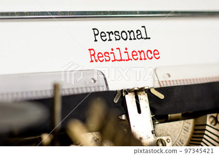 Personal resilience symbol. Concept word Personal resilience typed on retro old typewriter. Beautiful white background. Business psychological and personal resilience concept. Copy space. 97345421