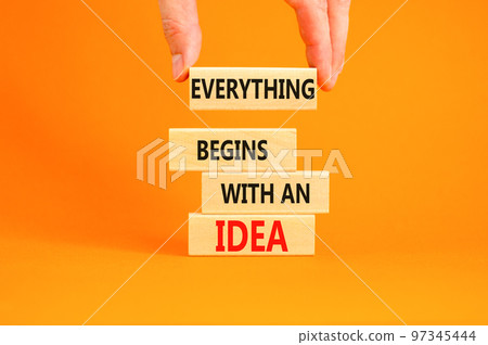 Everything begins with an idea symbol. Concept word Everything begins with an idea on wooden blocks. Beautiful orange background. Business everything begins with an idea concept. Copy space Everything begins with an idea symbol. Concept word Everything begins with an idea on wooden blocks. Beautiful orange background. Business everything begins with an idea concept. Copy space 97345444