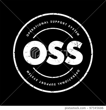 OSS Operational Support System - computer systems used by telecommunications service providers to manage their networks, acronym text stamp concept background OSS Operational Support System - computer systems used by telecommunications service providers to manage their networks, acronym text stamp concept background 97345686