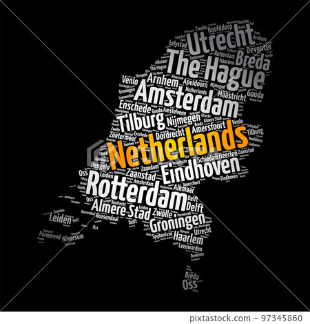 List of cities and towns in Netherland, map word cloud collage, business and travel concept background 97345860