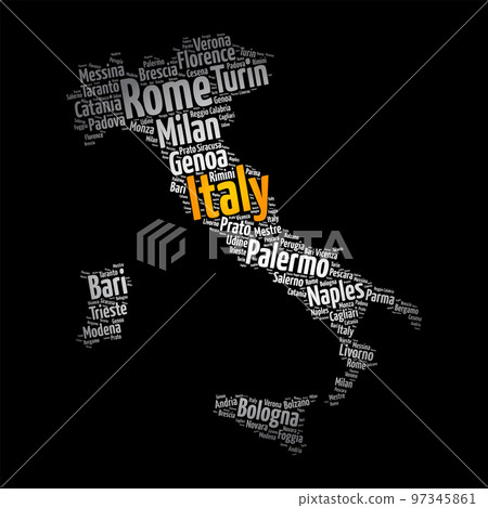 List of cities in Italy, map silhouette word cloud, travel concept background List of cities in Italy, map silhouette word cloud, travel concept background 97345861