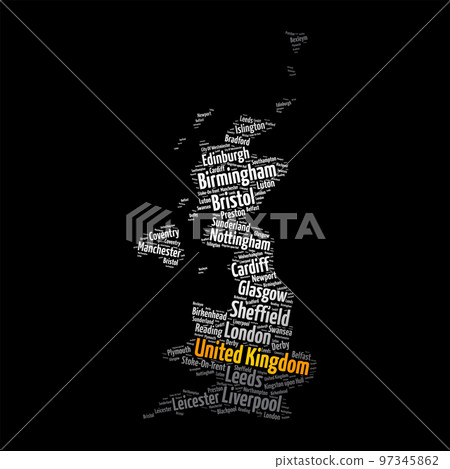 List of cities and towns in UNITED KINGDOM, map word cloud collage, business and travel concept background List of cities and towns in UNITED KINGDOM, map word cloud collage, business and travel concept background 97345862