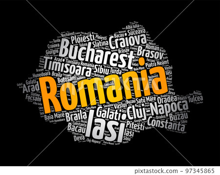List of cities and towns in Romania, map word cloud collage, business and travel concept background List of cities and towns in Romania, map word cloud collage, business and travel concept background 97345865