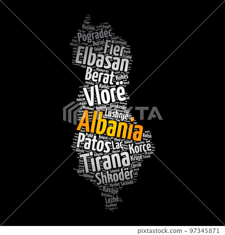 List of cities and towns in Albania, map word cloud collage, business and travel concept background 97345871
