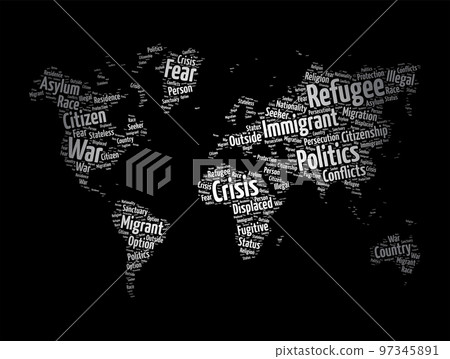 Refugee word cloud in shape of world map, concept background 97345891