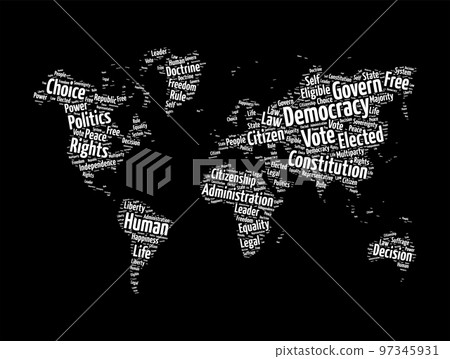 Democracy word cloud in shape of world map, concept background Democracy word cloud in shape of world map, concept background 97345931