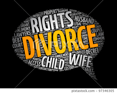 Divorce - canceling or reorganizing of the legal duties and responsibilities of marriage, word cloud concept background 97346305