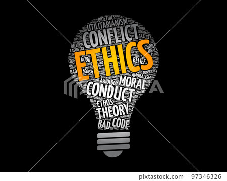 Ethics - branch of philosophy that involves systematizing and recommending concepts of right and wrong behavior, light bulb word cloud concept background Ethics - branch of philosophy that involves systematizing and recommending concepts of right and wrong behavior, light bulb word cloud concept background 97346326