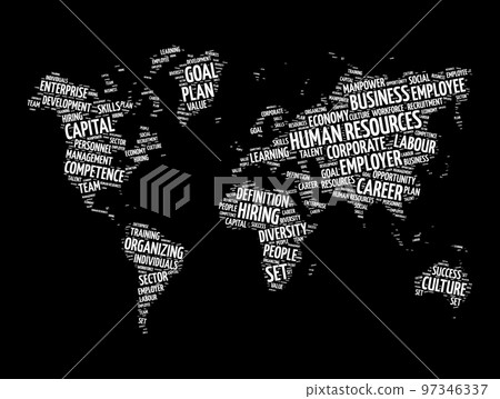Human Resources word cloud in shape of world map, business concept background Human Resources word cloud in shape of world map, business concept background 97346337