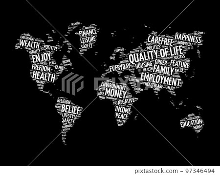 Quality of life word cloud in shape of world map, concept background 97346494