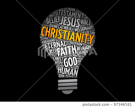 Christianity light bulb word cloud, religion concept background Christianity light bulb word cloud, religion concept background 97346581