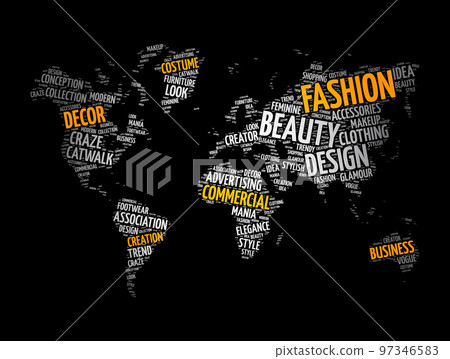 Fashion word cloud in shape of world map, concept background 97346583