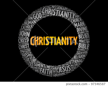 Christianity word cloud, religion concept background Christianity word cloud, religion concept background 97346587