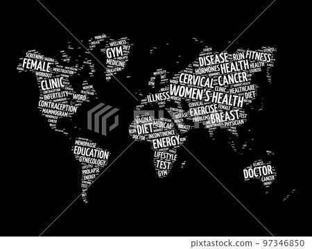 Women's Health word cloud in shape of world map, medical concept background 97346850