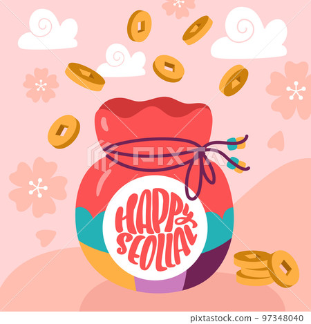 Traditional Korean Color New Year Lucky Bag and text Happy Seollal. Fortune Pocket with coins. Bokjumeoni Pukchumoni Art vector illustration for Lunar Greeting Card Traditional Korean Color New Year Lucky Bag and text Happy Seollal. Fortune Pocket with coins. Bokjumeoni Pukchumoni Art vector illustration for Lunar Greeting Card 97348040