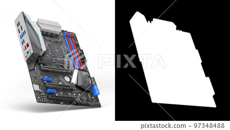 Electronics components on modern PC computer mainboard 3d render on white with alpha 97348488