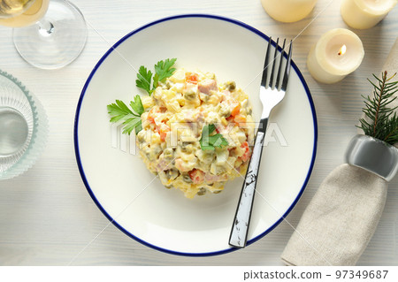 Concept of New year food, Olivier salad, top view 97349687