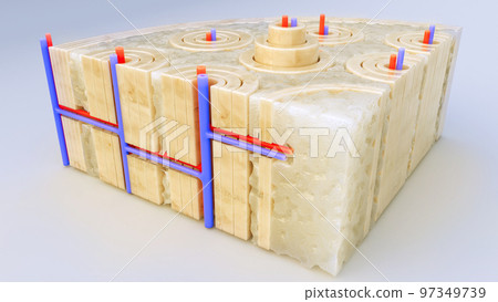 Bone tissue closeup through a cross section of a bone - 3D rendering 97349739