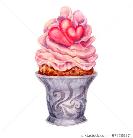 Hand drawn watercolor pink cupcake with heart for Valentines, wedding design, wallpaper, birthday, wrapping paper, sweets, gift boxes, chocolate mug. Elements isolated on white background. 97350927