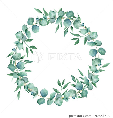 Watercolor round frame isolated on white background. Eucalyptus and pistachio branches. Hand drawn botanical illustration. Ideal for stationery, wedding invitations, save the date, greeting card Watercolor round frame isolated on white background. Eucalyptus and pistachio branches. Hand drawn botanical illustration. Ideal for stationery, wedding invitations, save the date, greeting card 97351329